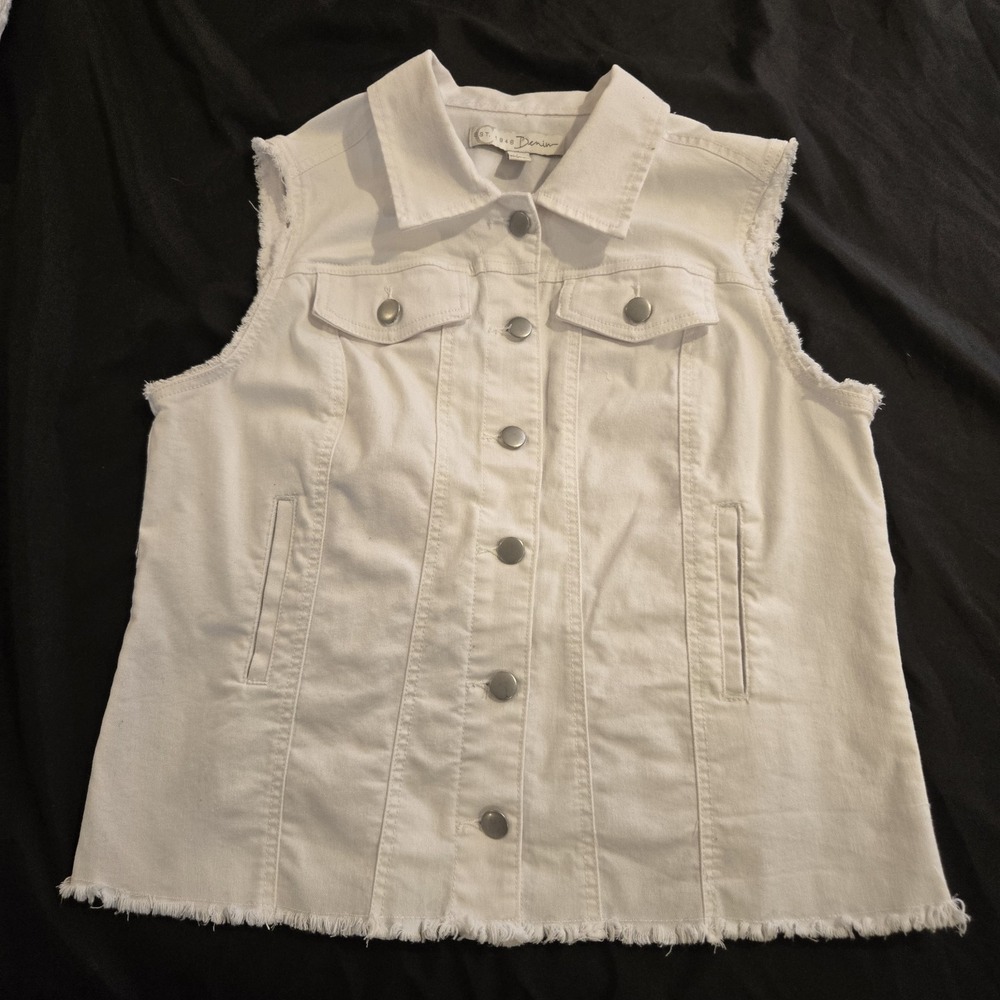 Est. 1948 Denim Women's Jean Button Up Vest White Frayed Hem Pockets Size Large